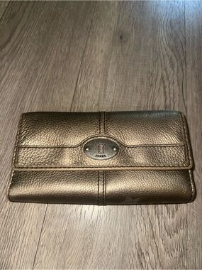 Fossil Maddox Trifold Wallet Organizer In Bronze Pewter Metallic Leather